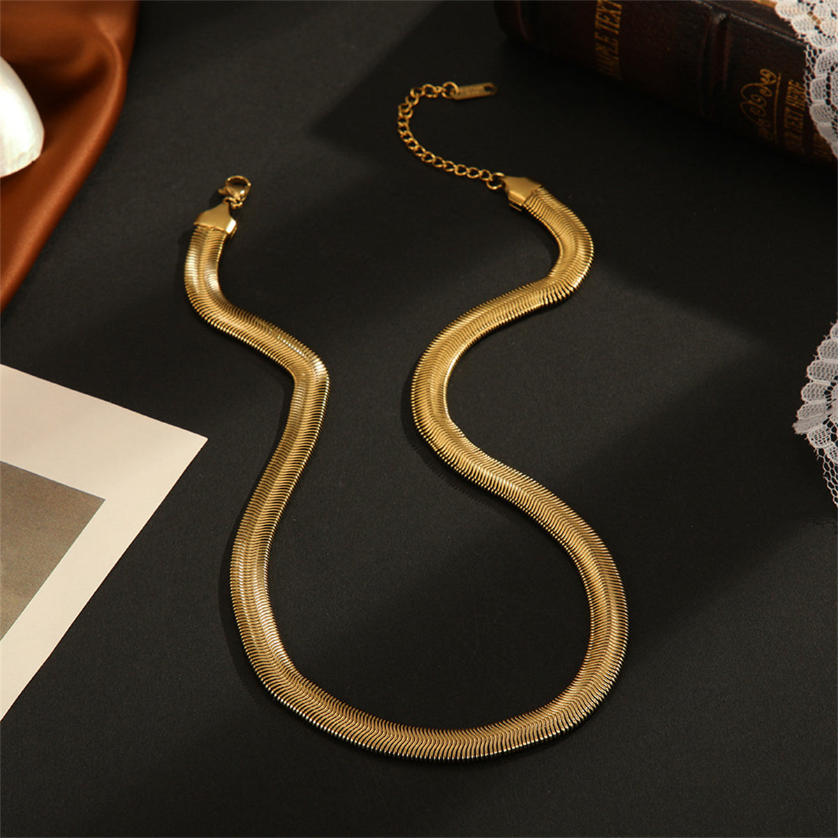 18K Gold-Plated Snake Chain Necklace, gold pendant necklace for women, dainty minimalist design, side view