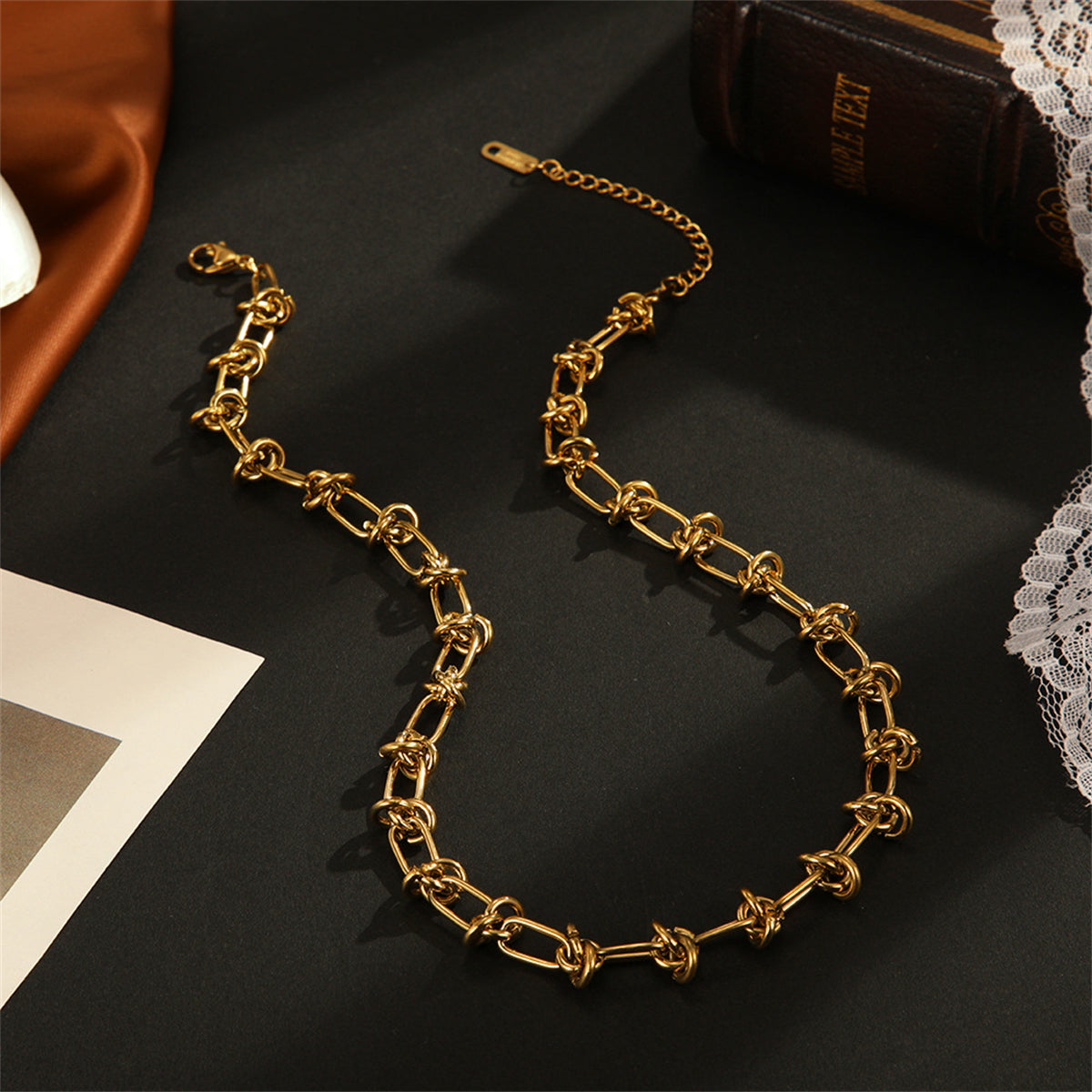 18K Gold-Plated Knot Station Necklace, gold pendant necklace for women, vintage-inspired design, side view