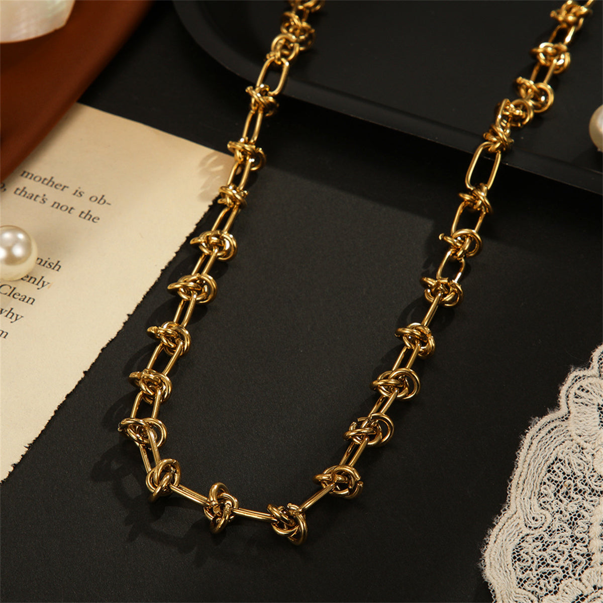 18K Gold-Plated Knot Station Necklace, gold pendant necklace for women, vintage-inspired design, detail close-up