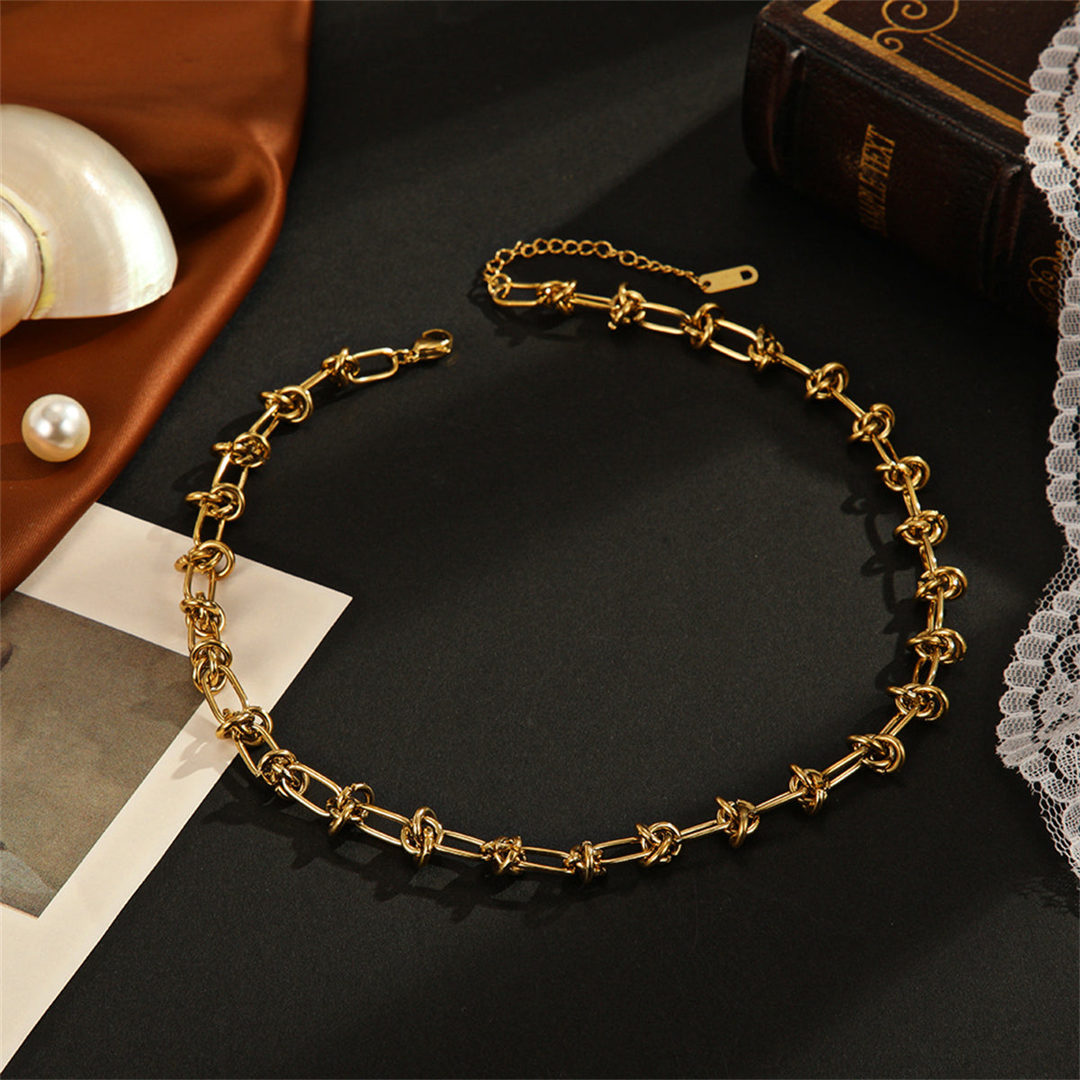 18K Gold-Plated Knot Station Necklace, gold pendant necklace for women, vintage-inspired design, lifestyle look