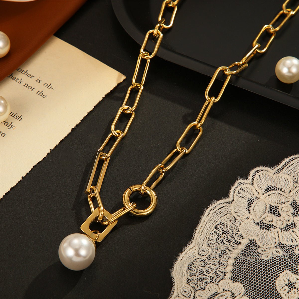 Pearl and 18K Gold-Plated Chain Pendant Necklace, gold pendant necklace for women, everyday style, side view