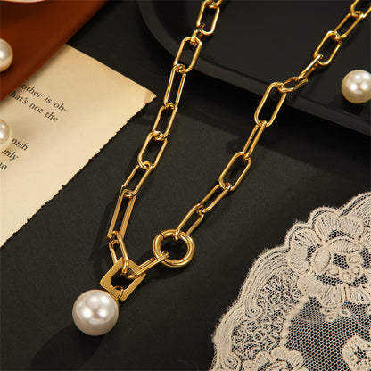 Pearl and 18K Gold-Plated Chain Pendant Necklace, gold pendant necklace for women, everyday style, side view