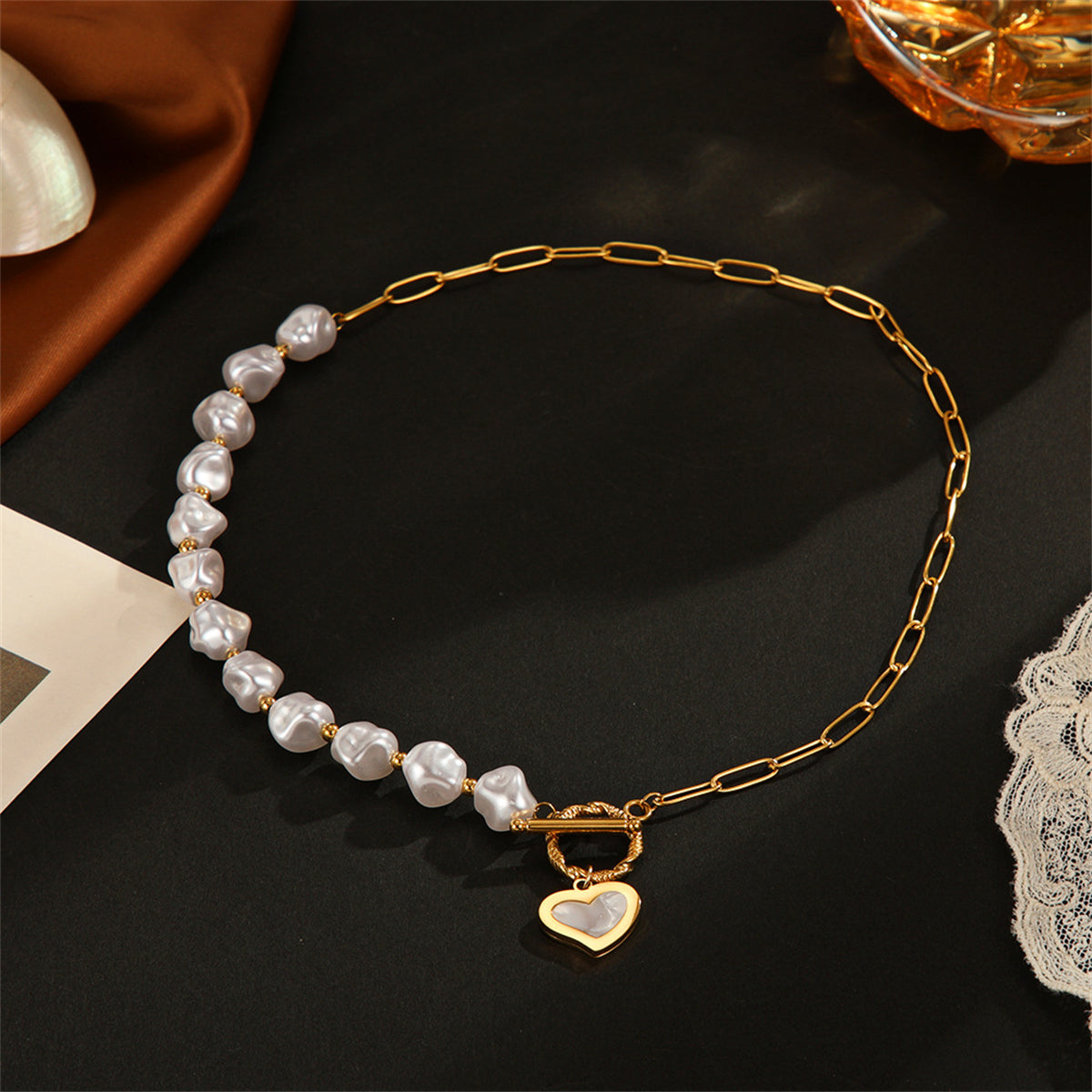 Pearl and 18K Gold-Plated Heart Toggle Necklace, gold pendant necklace for women, vintage-inspired design, side view