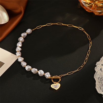Pearl and 18K Gold-Plated Heart Toggle Necklace, gold pendant necklace for women, vintage-inspired design, side view