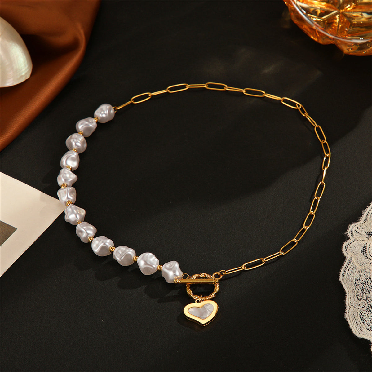 Pearl & 18K Gold-Plated Heart Toggle Necklace