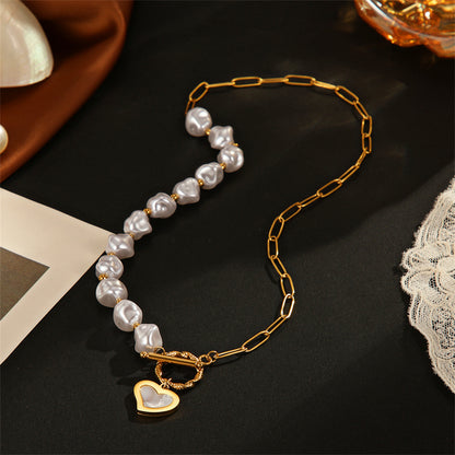 Pearl and 18K Gold-Plated Heart Toggle Necklace, gold pendant necklace for women, vintage-inspired design, lifestyle look
