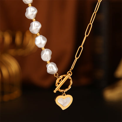 Pearl and 18K Gold-Plated Heart Toggle Necklace, gold pendant necklace for women, vintage-inspired design, styled look