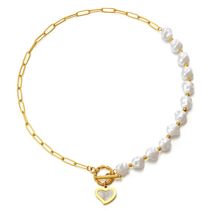 Pearl and 18K Gold-Plated Heart Toggle Necklace, gold pendant necklace for women, vintage-inspired design, front view
