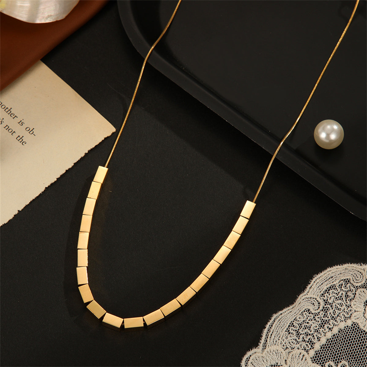 18K Gold-Plated Cuboid Necklace, gold pendant necklace for women, everyday style, side view
