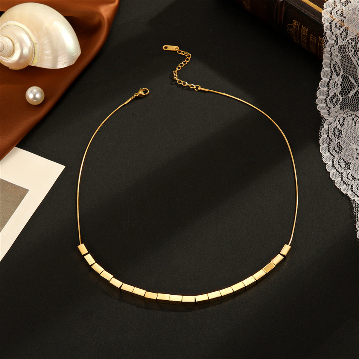 18K Gold-Plated Cuboid Necklace, gold pendant necklace for women, everyday style, detail close-up