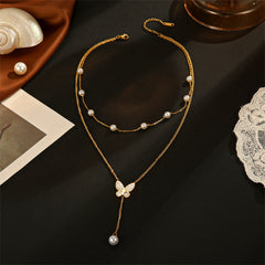 Shell & Pearl Butterfly Layered Lariat Necklace