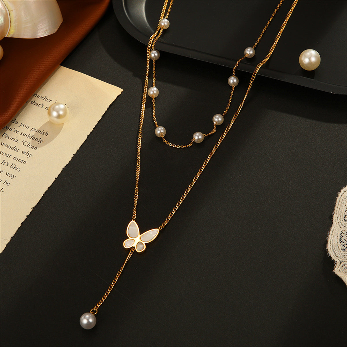 Shell & Pearl Butterfly Layered Lariat Necklace