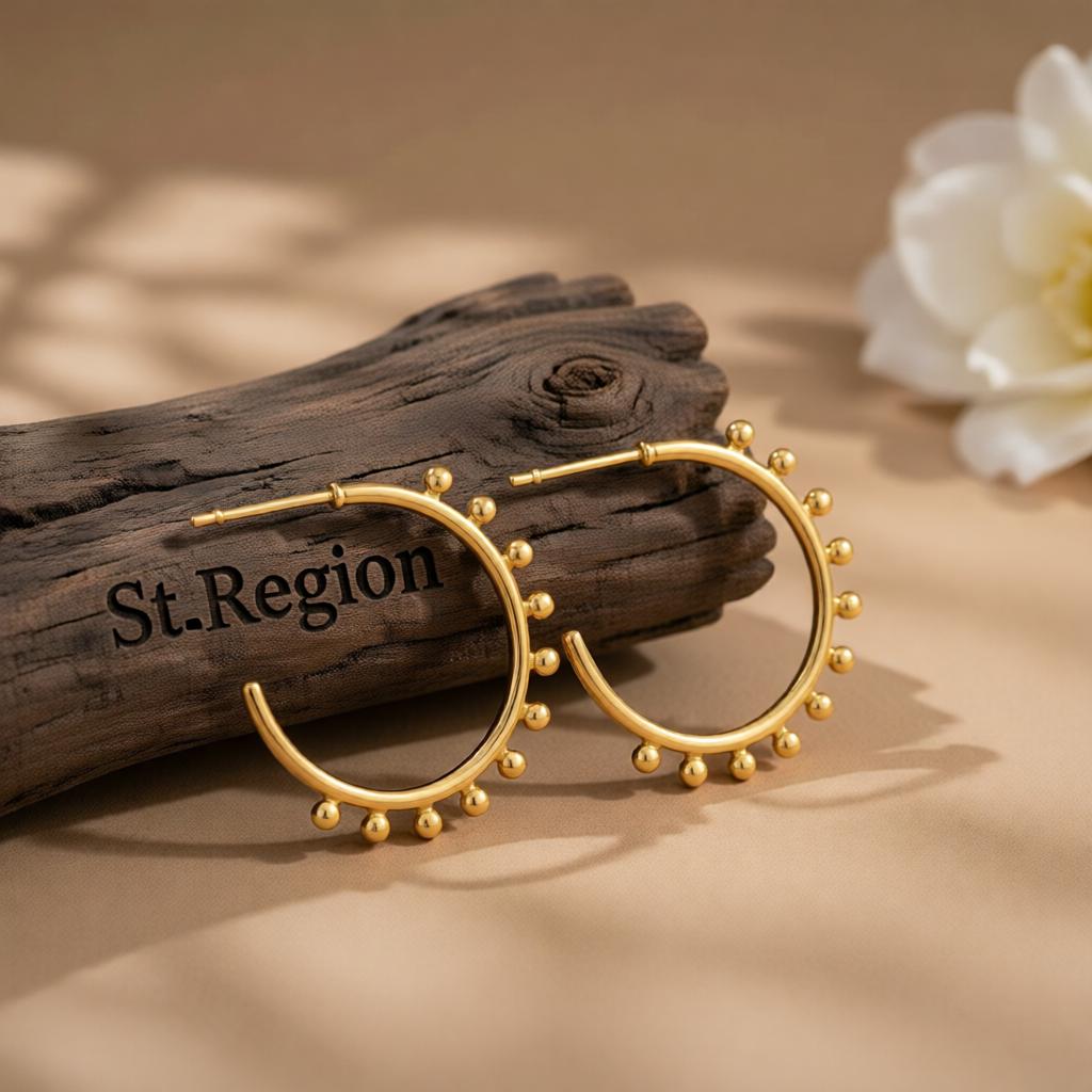 18K Gold-Plated Botanical Huggie Earrings, gold huggie earrings, everyday style, front view