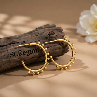 18K Gold-Plated Botanical Huggie Earrings, gold huggie earrings, everyday style, front view