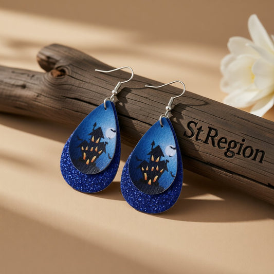 Blue Haunted House Drop Earrings, drop earrings for women, botanical inspired, front view