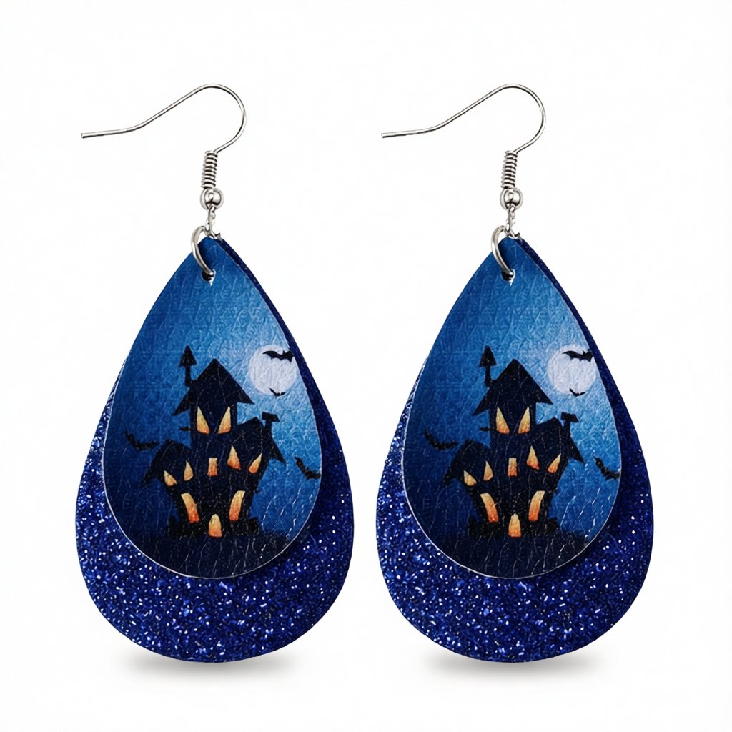 Blue Haunted House Drop Earrings, drop earrings for women, botanical inspired, side view