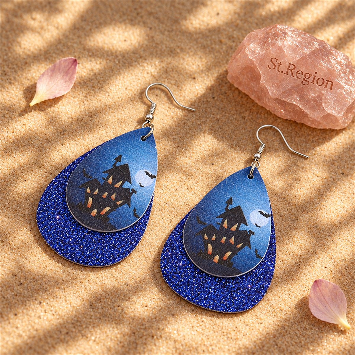 Blue Haunted House Drop Earrings, drop earrings for women, botanical inspired, detail close-up