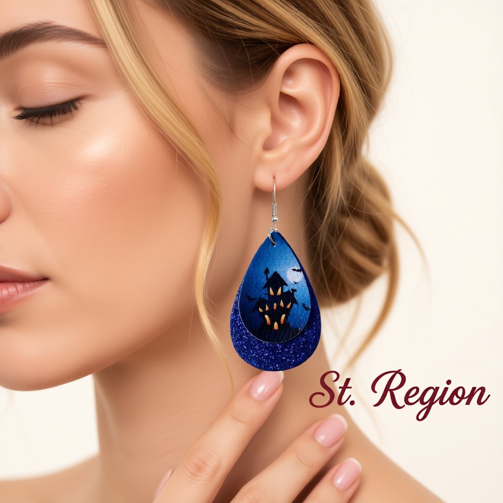 Blue Haunted House Drop Earrings, drop earrings for women, botanical inspired, styled look