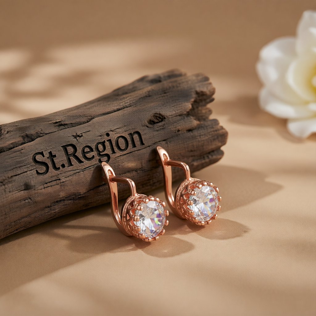 Crystal and 18K Rose Gold-Plated Floral Huggie Earrings, rose gold huggie earrings, elegant gift for her, front view