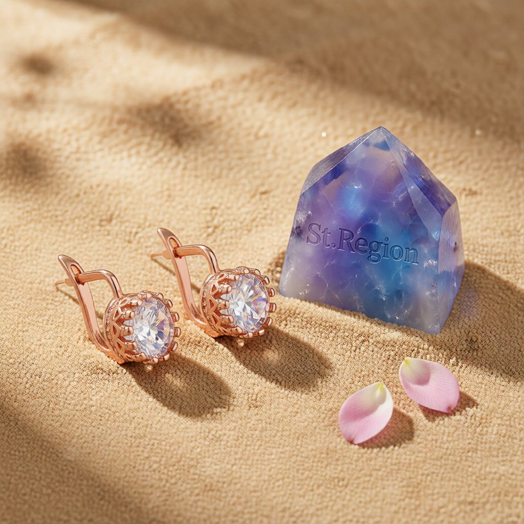Crystal and 18K Rose Gold-Plated Floral Huggie Earrings, rose gold huggie earrings, elegant gift for her, detail close-up