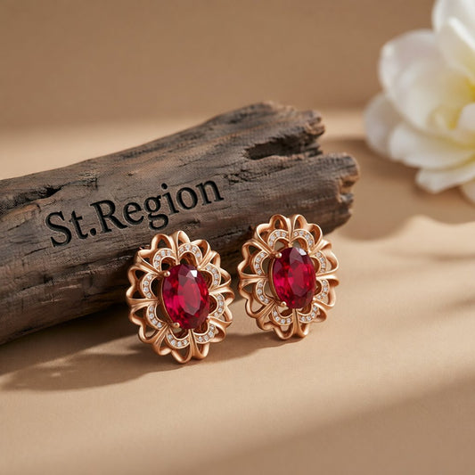 Red Crystal & Cubic Zirconia 18K Rose Gold-Plated Floral Stud Earrings