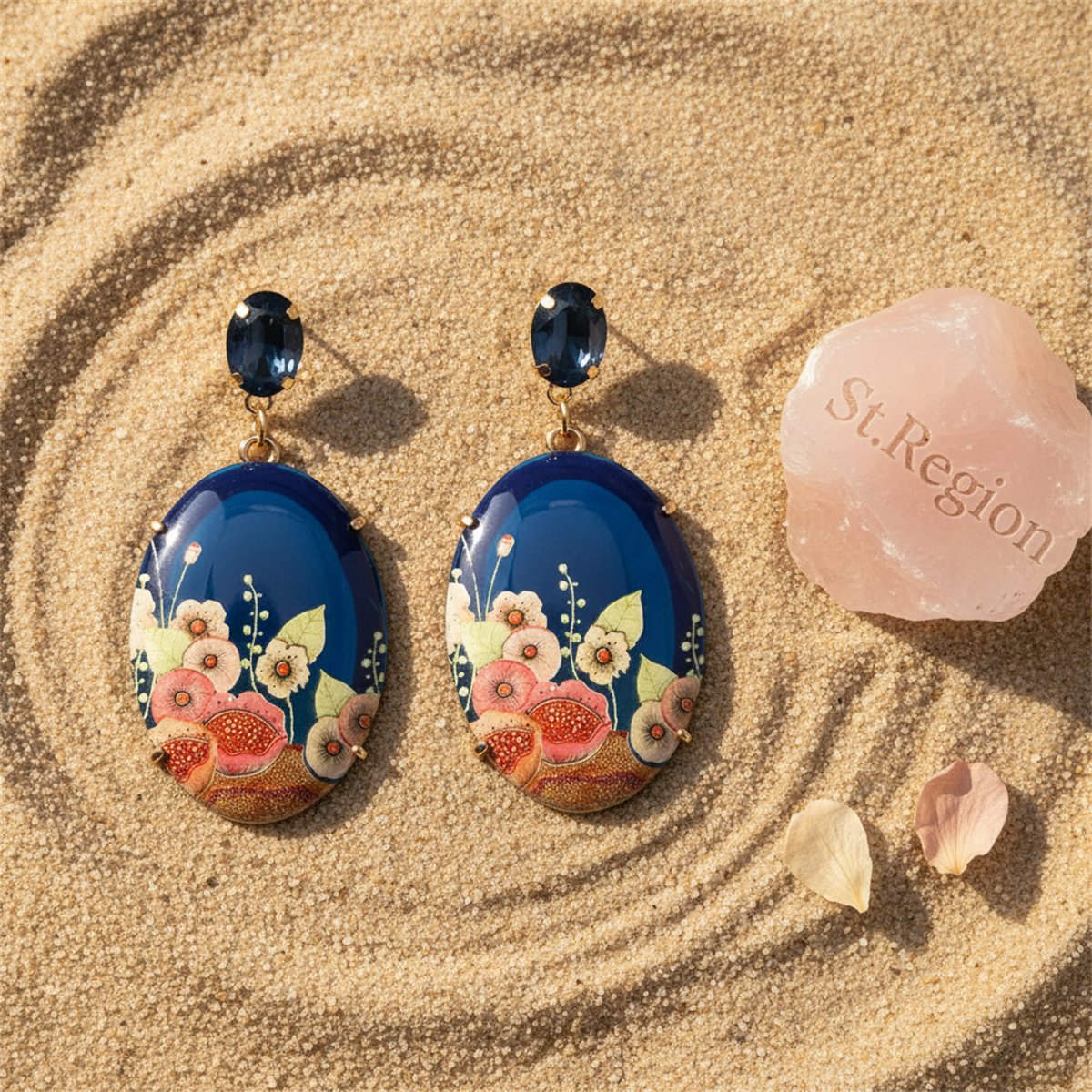 Blue Crystal and Resin 18K Gold-Plated Floral Oval Drop Earrings, gold drop earrings for women, detail close-up