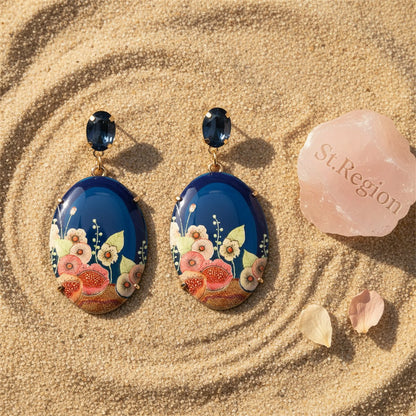 Blue Crystal and Resin 18K Gold-Plated Floral Oval Drop Earrings, gold drop earrings for women, detail close-up