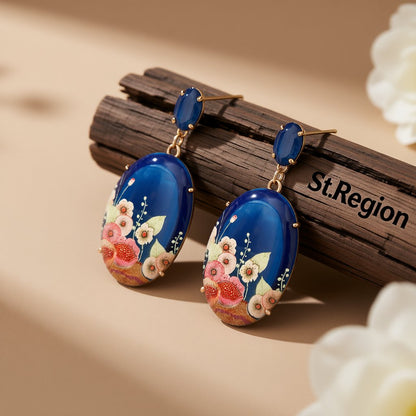 Blue Crystal and Resin 18K Gold-Plated Floral Oval Drop Earrings, gold drop earrings for women, front view