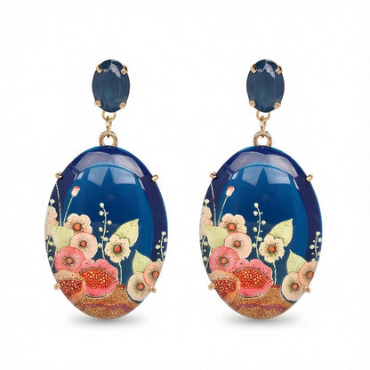 Blue Crystal and Resin 18K Gold-Plated Floral Oval Drop Earrings, gold drop earrings for women, side view
