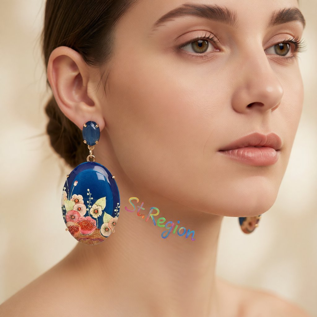 Blue Crystal and Resin 18K Gold-Plated Floral Oval Drop Earrings, gold drop earrings for women, styled look