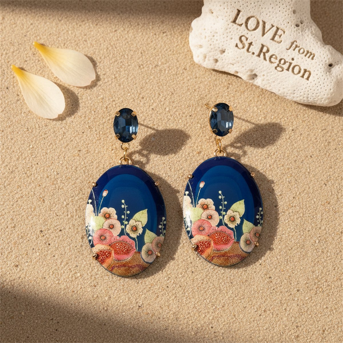 Blue Crystal and Resin 18K Gold-Plated Floral Oval Drop Earrings, gold drop earrings for women, lifestyle look