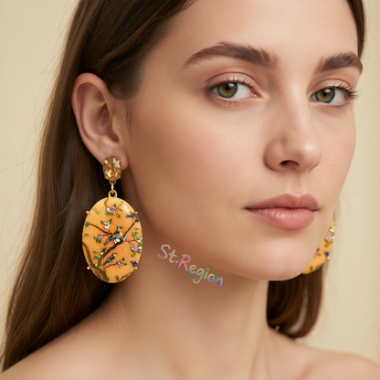 Beige Crystal & Resin 18K Gold-Plated Bird Branch Oval Drop Earrings