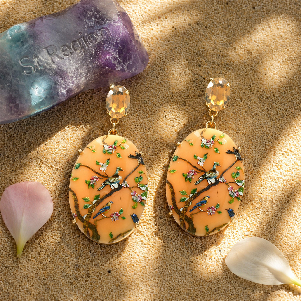 Beige Crystal & Resin 18K Gold-Plated Bird Branch Oval Drop Earrings