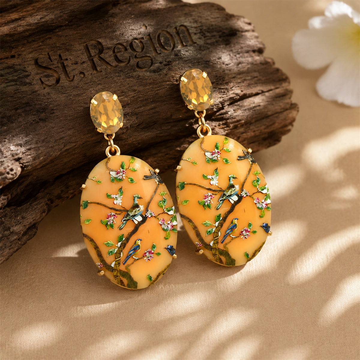 Beige Crystal & Resin 18K Gold-Plated Bird Branch Oval Drop Earrings