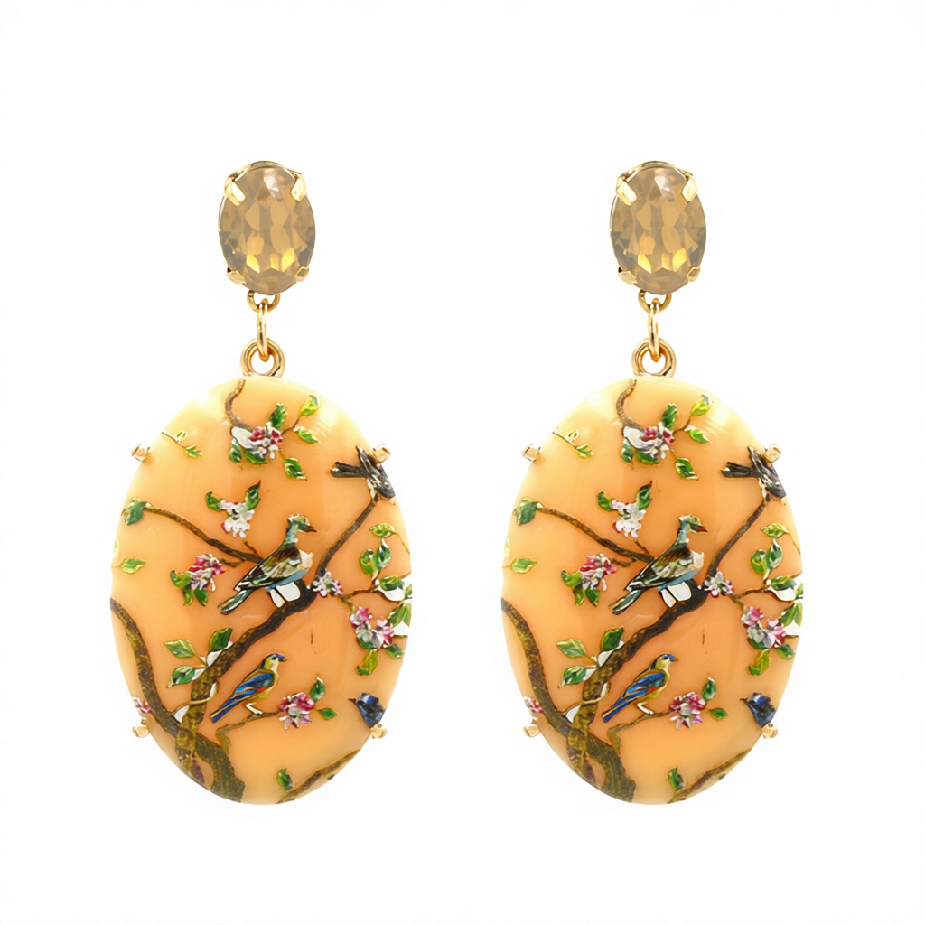 Beige Crystal & Resin 18K Gold-Plated Bird Branch Oval Drop Earrings