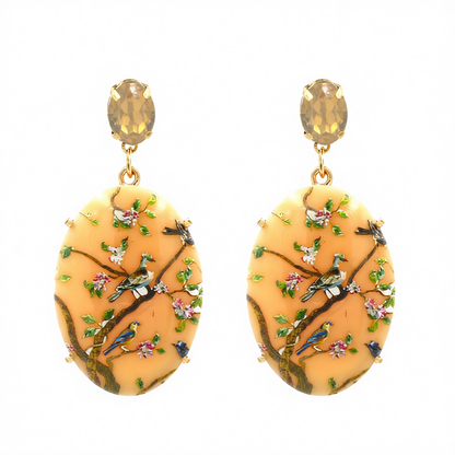Beige Crystal & Resin 18K Gold-Plated Bird Branch Oval Drop Earrings