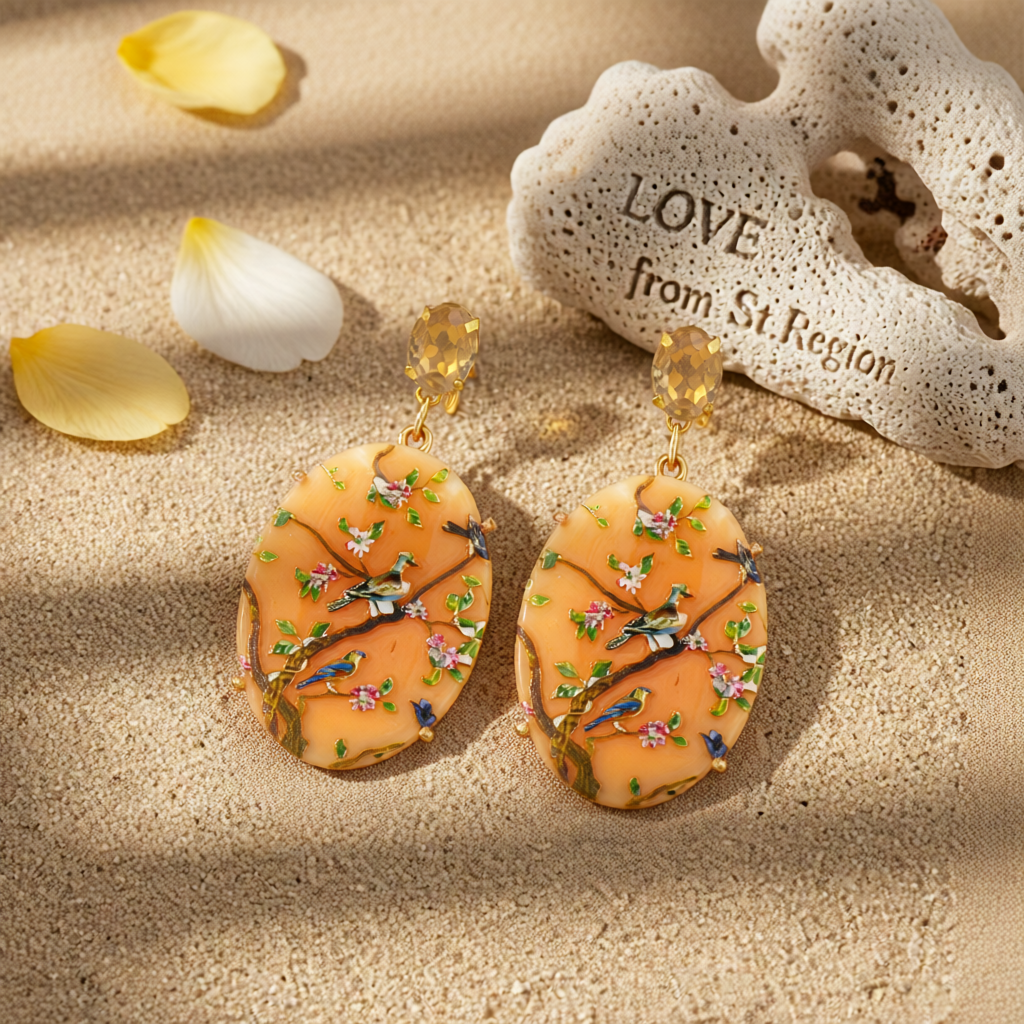 Beige Crystal & Resin 18K Gold-Plated Bird Branch Oval Drop Earrings
