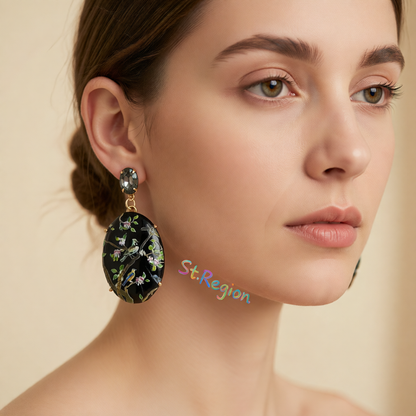 Black Crystal & 18K Gold-Plated Bird Branch Oval Drop Earrings
