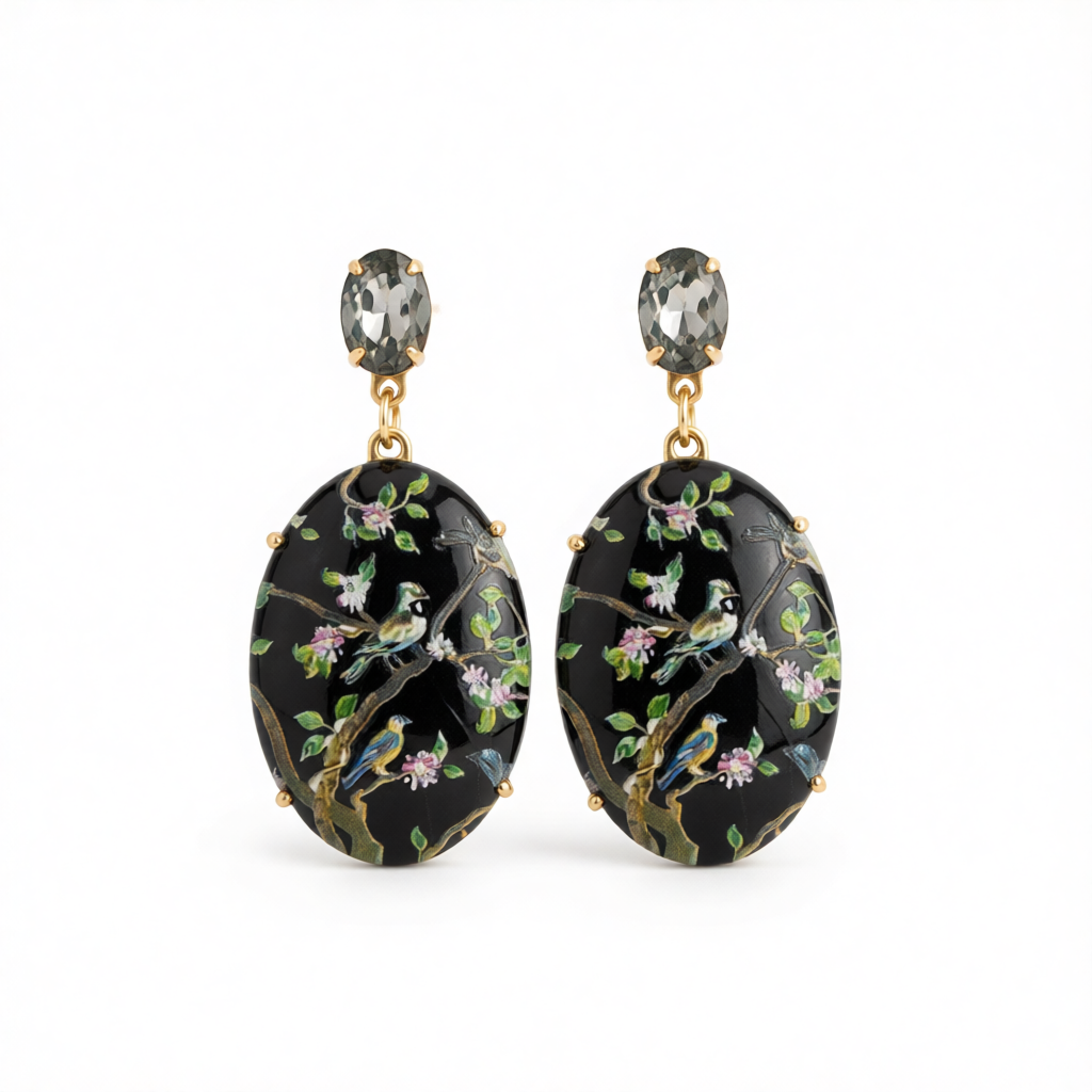 Black Crystal & 18K Gold-Plated Bird Branch Oval Drop Earrings