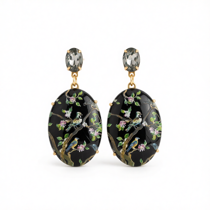 Black Crystal & 18K Gold-Plated Bird Branch Oval Drop Earrings