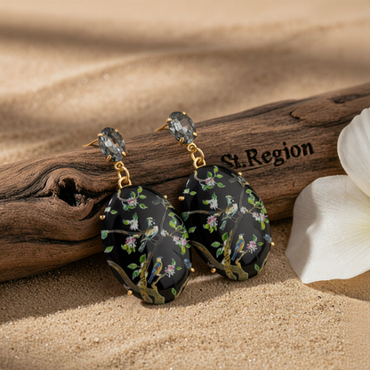 Black Crystal & 18K Gold-Plated Bird Branch Oval Drop Earrings