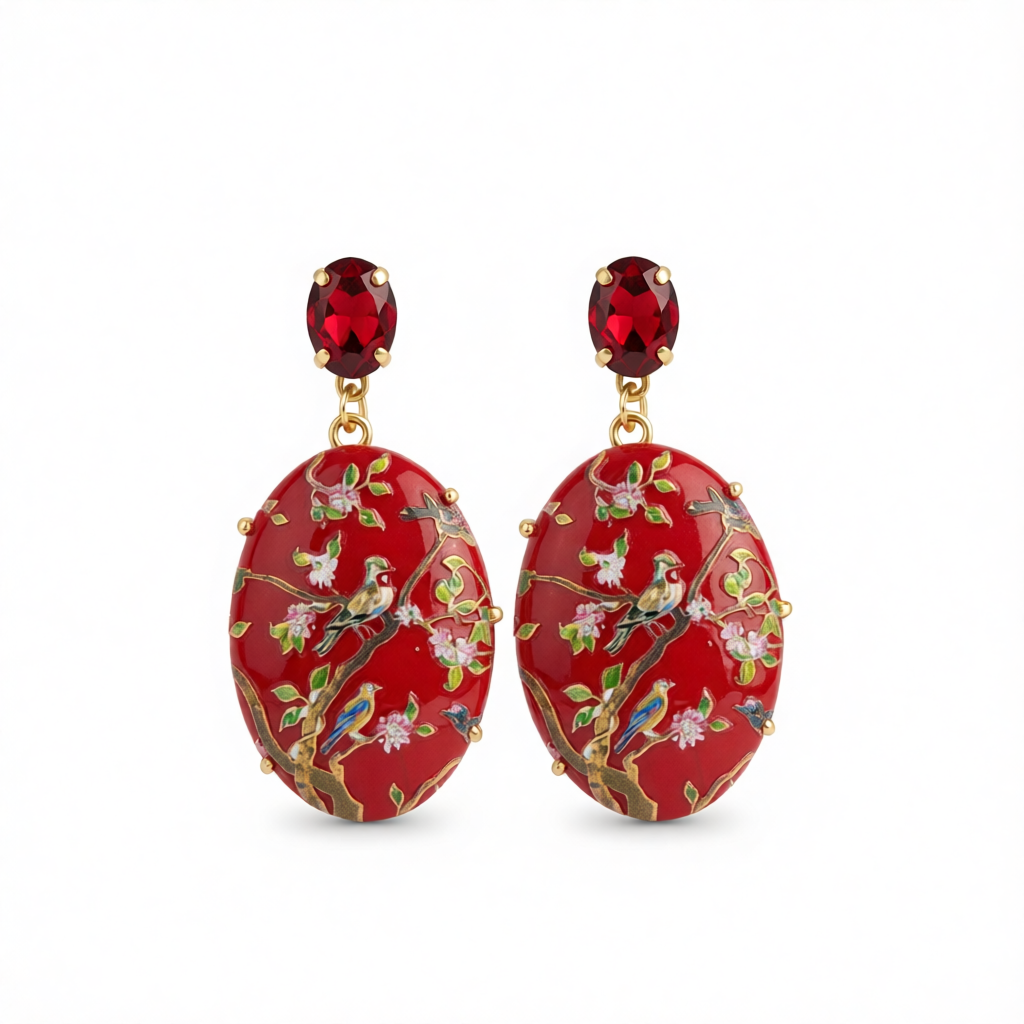 Red Crystal & 18K Gold-Plated Bird Branch Oval Drop Earrings