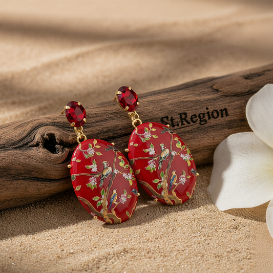 Red Crystal & 18K Gold-Plated Bird Branch Oval Drop Earrings