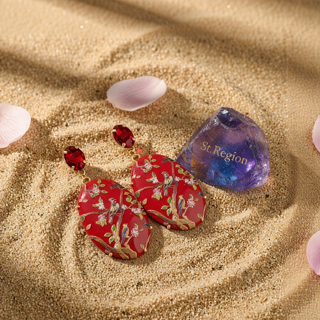 Red Crystal & 18K Gold-Plated Bird Branch Oval Drop Earrings