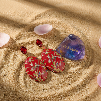 Red Crystal & 18K Gold-Plated Bird Branch Oval Drop Earrings