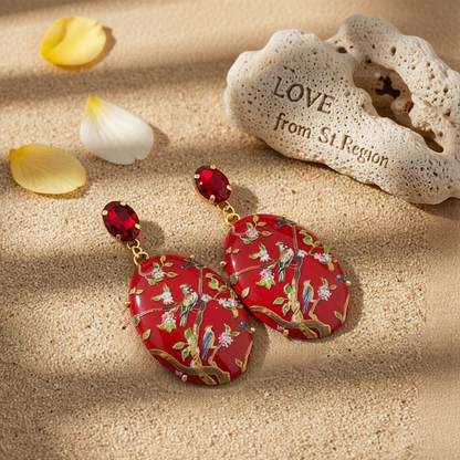 Red Crystal & 18K Gold-Plated Bird Branch Oval Drop Earrings