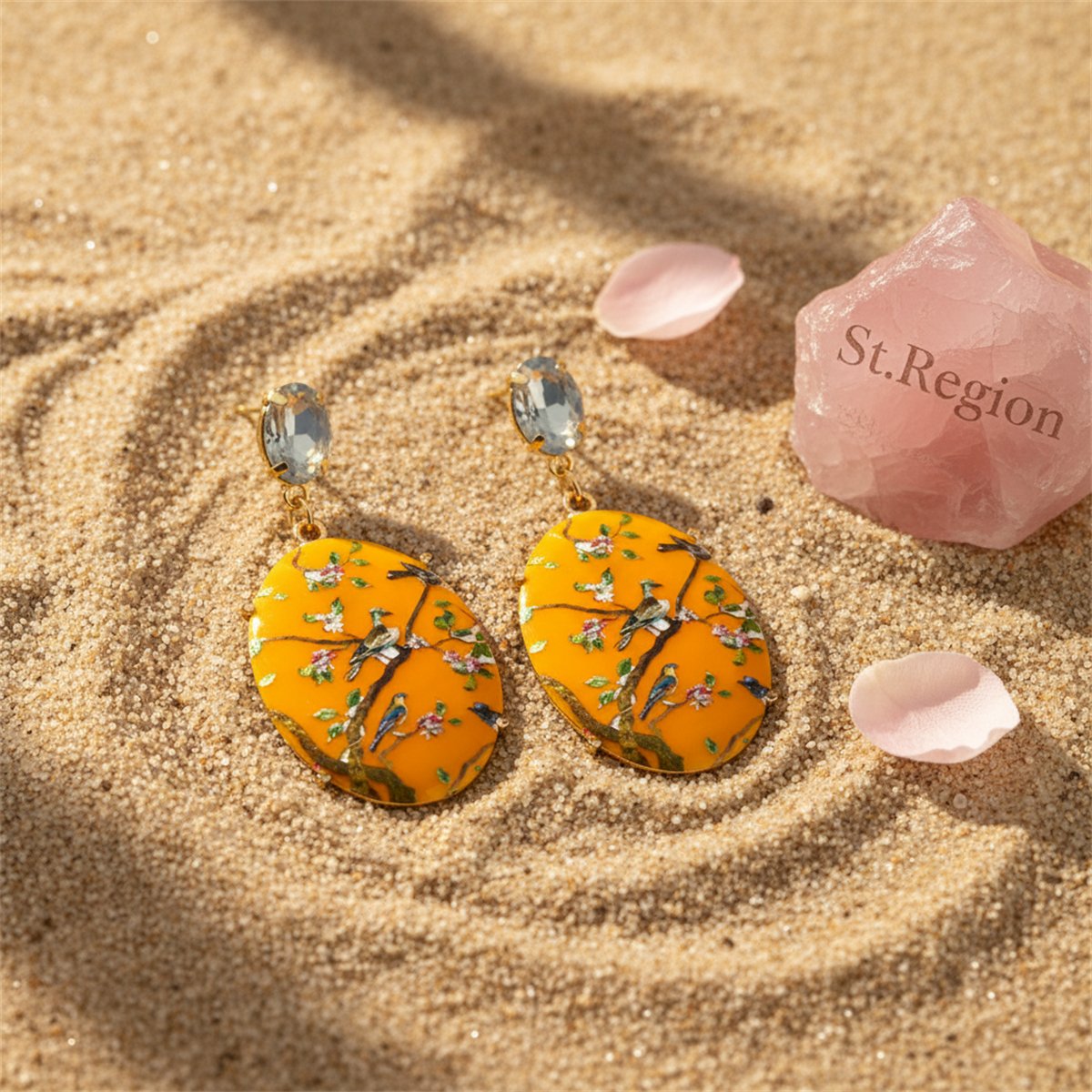 Yellow Crystal and 18K Gold-Plated Bird Branch Oval Drop Earrings, gold drop earrings for women, detail close-up
