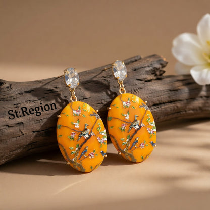 Yellow Crystal and 18K Gold-Plated Bird Branch Oval Drop Earrings, gold drop earrings for women, front view