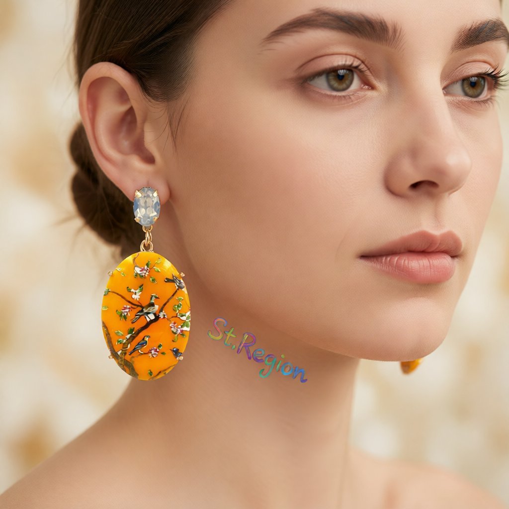 Yellow Crystal and 18K Gold-Plated Bird Branch Oval Drop Earrings, gold drop earrings for women, styled look