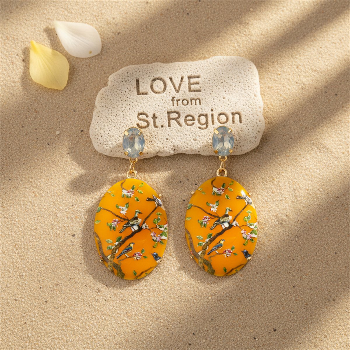 Yellow Crystal and 18K Gold-Plated Bird Branch Oval Drop Earrings, gold drop earrings for women, lifestyle look